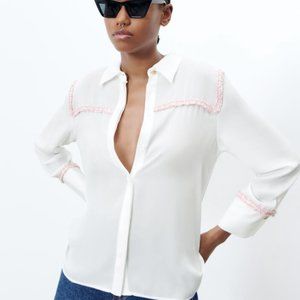 NWOT Zara Contrast Textured Shirt White Button Down Blouse Size XS